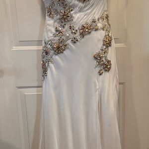 Jang Strapless White Party Dress with Hand Beaded “Crystals” and Beading